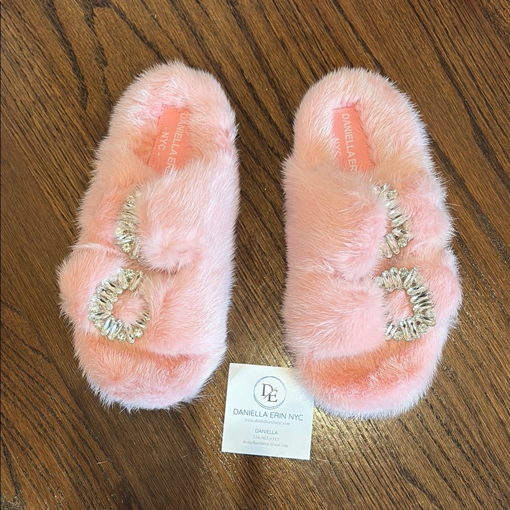 Pink Furry Slippers with Rhinestone Buckles